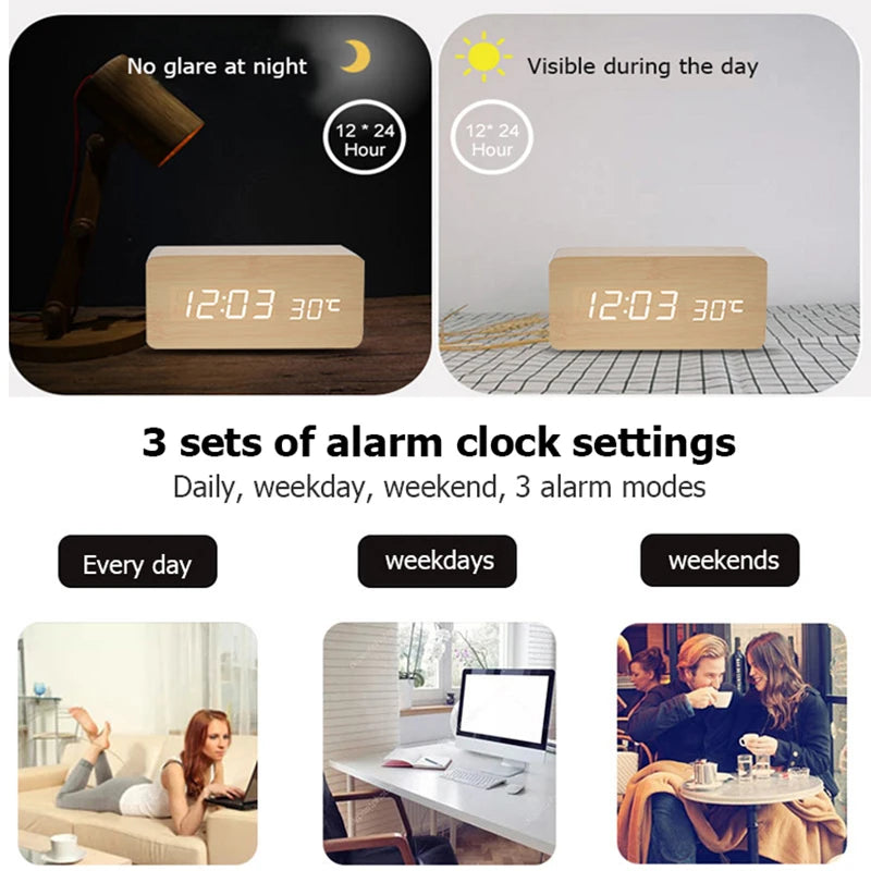 Timber Clock — LED Wood Alarm Clock with Temperature Display
