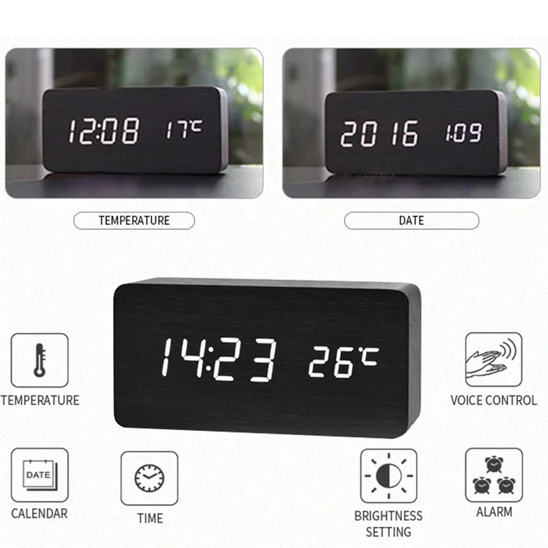 Timber Clock — LED Wood Alarm Clock with Temperature Display